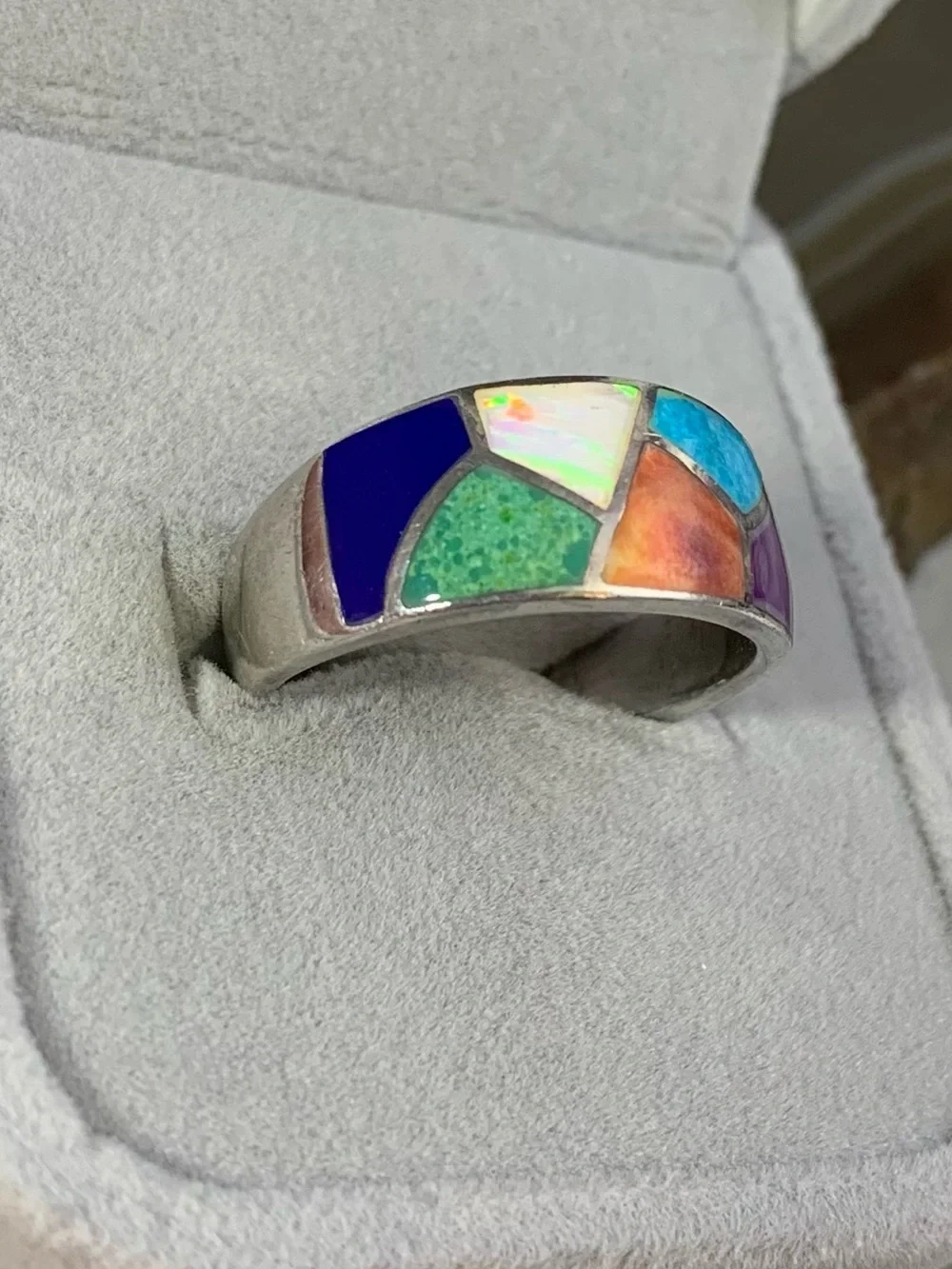 Multicolor Inlay Sterling Silver Women's Band Ring Native Style,Size 9
